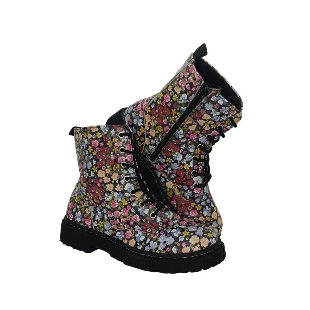 Sincerely Jules Womens Pre-owned Floral Combat Boots w/Zipper on Side - sz. 4